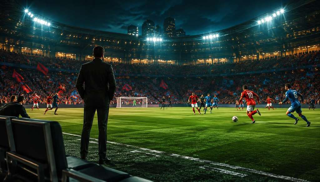 Treinador à beira do gramado em um estádio iluminado